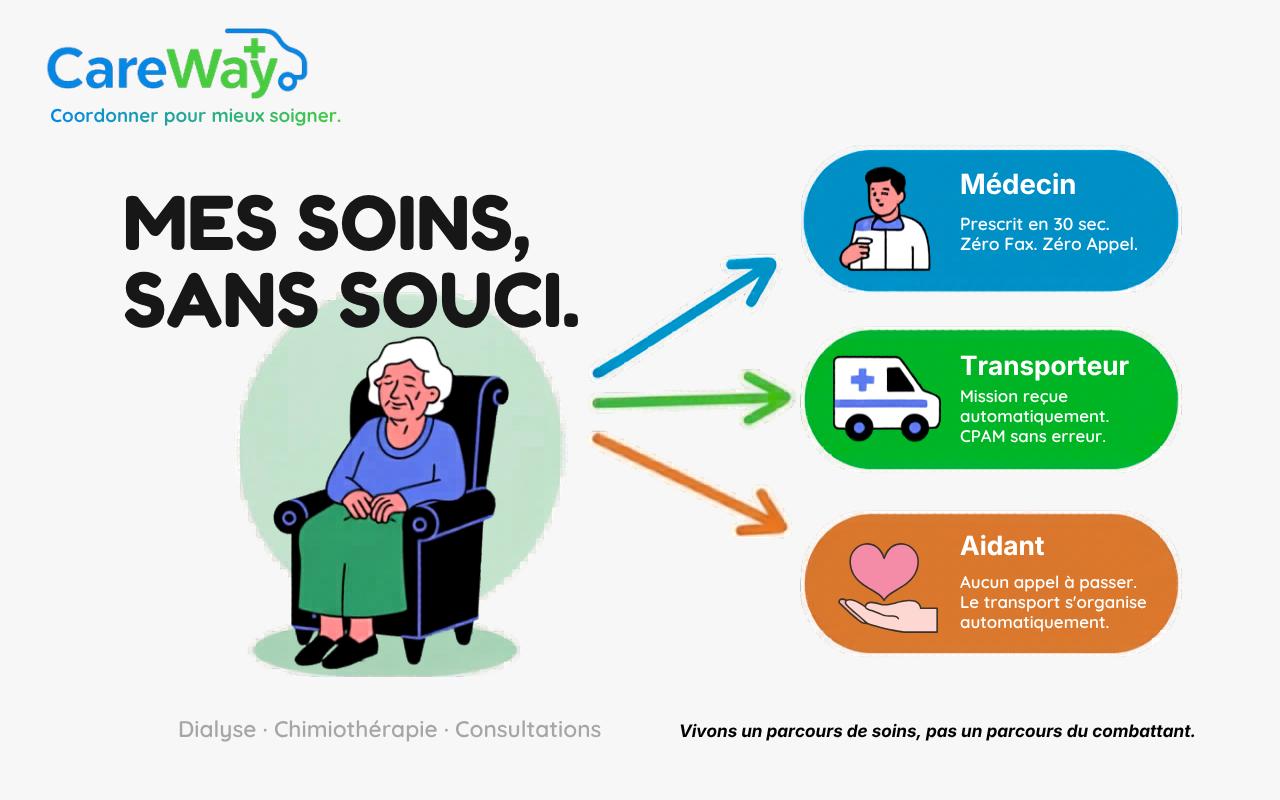 Schéma CareWay : Médecin → CareWay → Transporteur → Patient